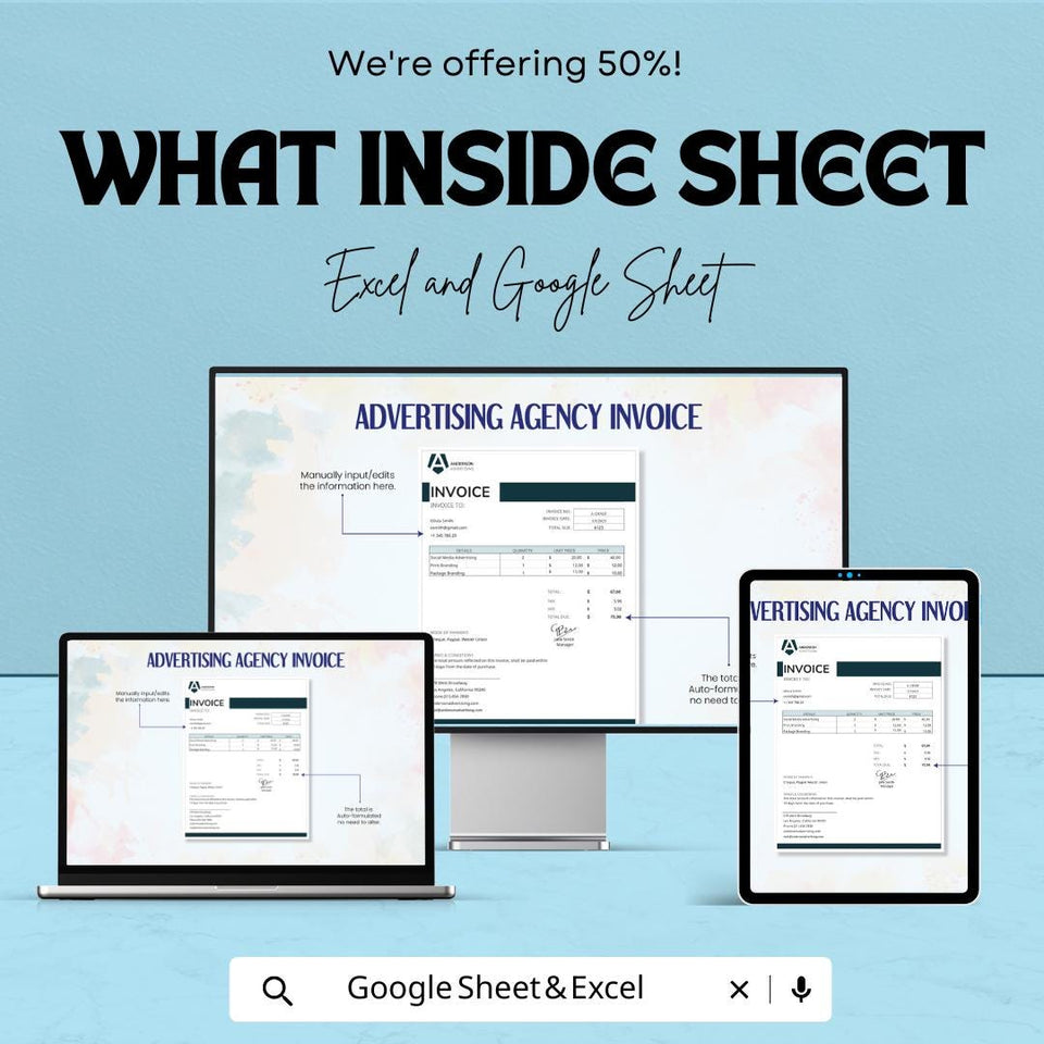 Advertising Agency Invoice Template - Excel & Google Sheets - Customizable, Professional, Easy-to-Use