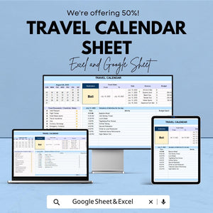 Travel Calendar Sheet | Excel and Google Sheets | Vacation Planner | Budget & Activity Tracker | 50% Off