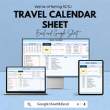 Travel Calendar Sheet | Excel and Google Sheets | Vacation Planner | Budget & Activity Tracker | 50% Off