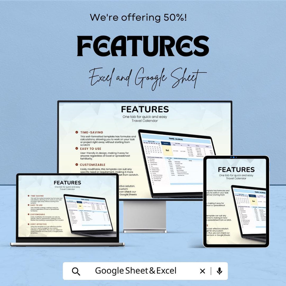 Travel Calendar Sheet | Excel and Google Sheets | Vacation Planner | Budget & Activity Tracker | 50% Off