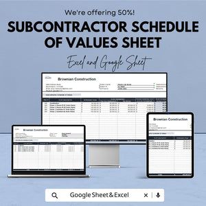 Subcontractor Schedule of Values Sheet | Excel & Google Sheet | Construction Project Management Template | 50% Off
