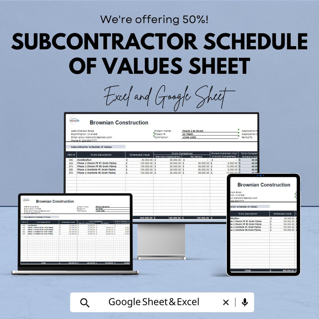Subcontractor Schedule of Values Sheet | Excel & Google Sheet | Construction Project Management Template | 50% Off