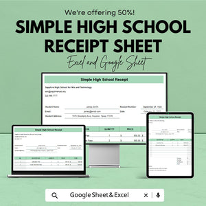 Simple High School Receipt Sheet - Excel & Google Sheets Template | Customizable School Payment Tracker | Easy Invoice for Tuition and Fees