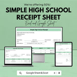 Simple High School Receipt Sheet - Excel & Google Sheets Template | Customizable School Payment Tracker | Easy Invoice for Tuition and Fees