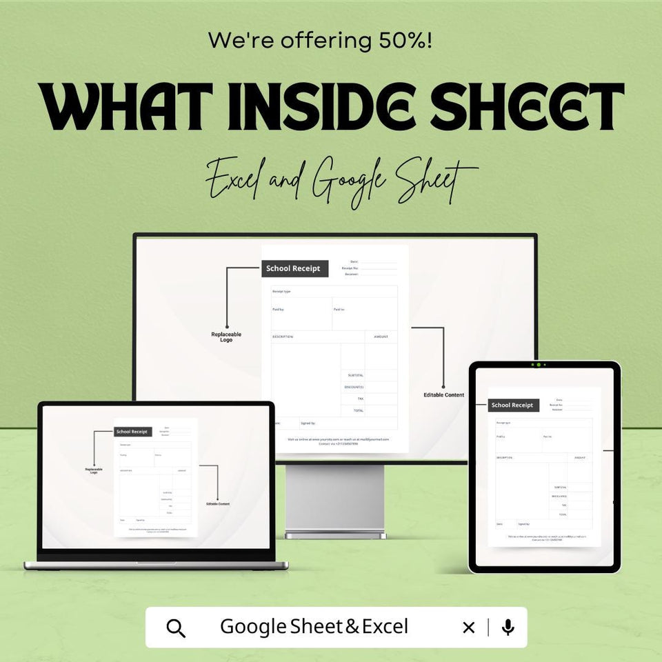 School Receipt Sheet - Excel & Google Sheets Template | Customizable Receipt for Tuition and Fees | Easy Invoice Management for Schools