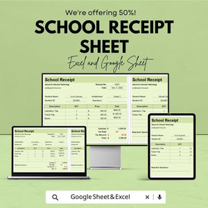 School Receipt Sheet - Excel & Google Sheets Template | Customizable Receipt for Tuition and Fees | Easy Invoice Management for Schools