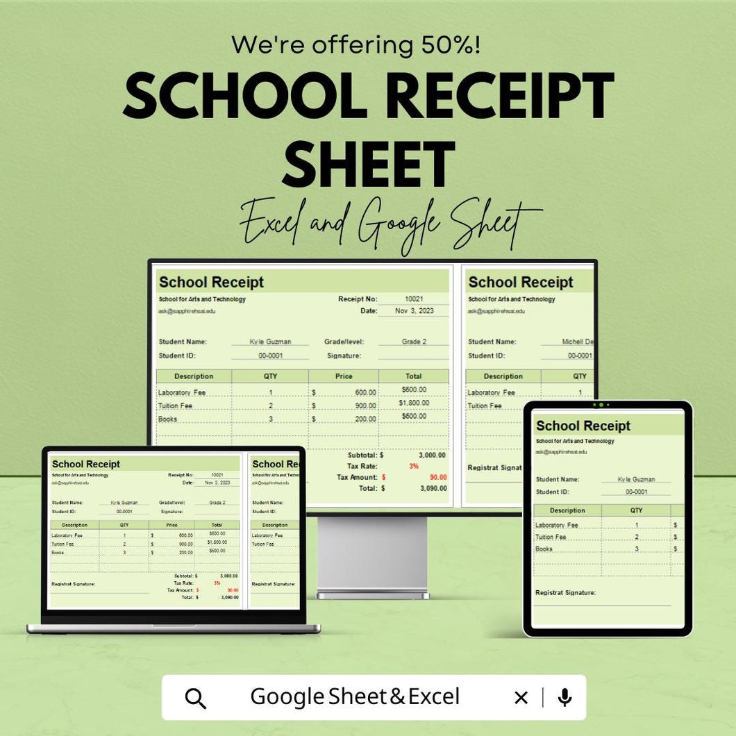 School Receipt Sheet - Excel & Google Sheets Template | Customizable Receipt for Tuition and Fees | Easy Invoice Management for Schools