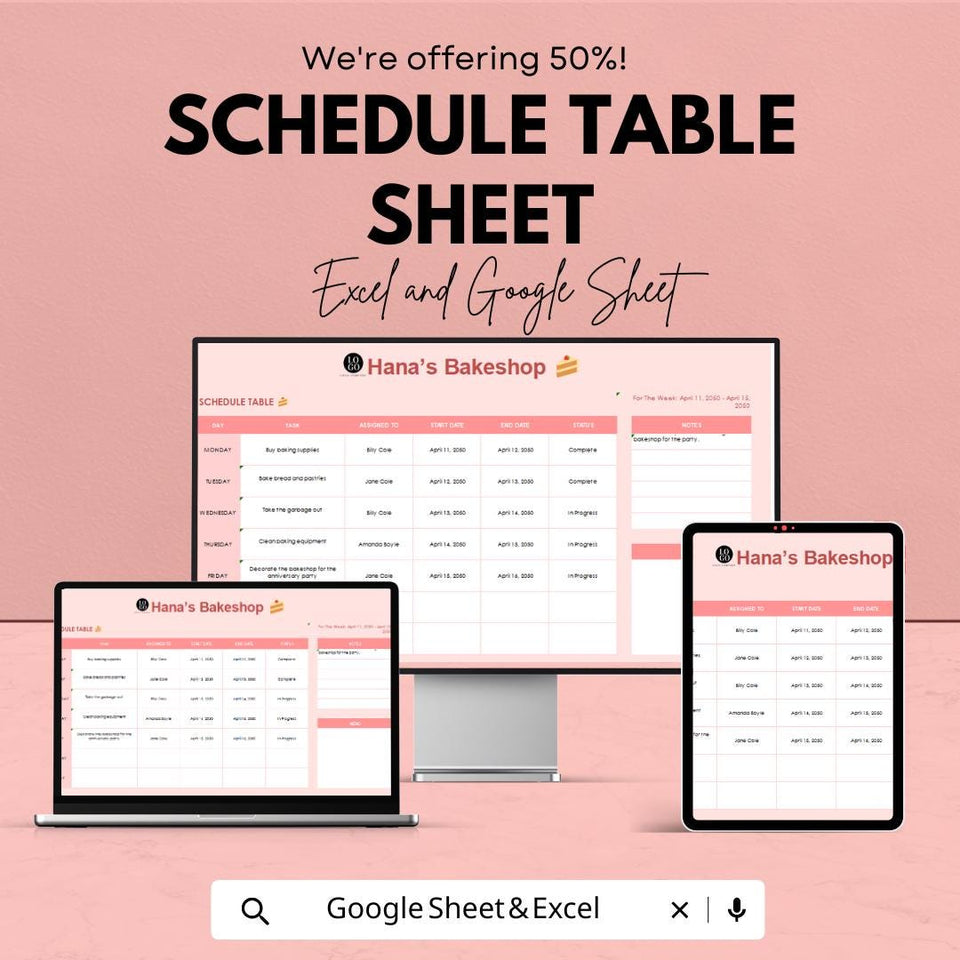 Schedule Table Sheet | Task Management and Appointment Scheduler | Excel & Google Sheets | 50% Off