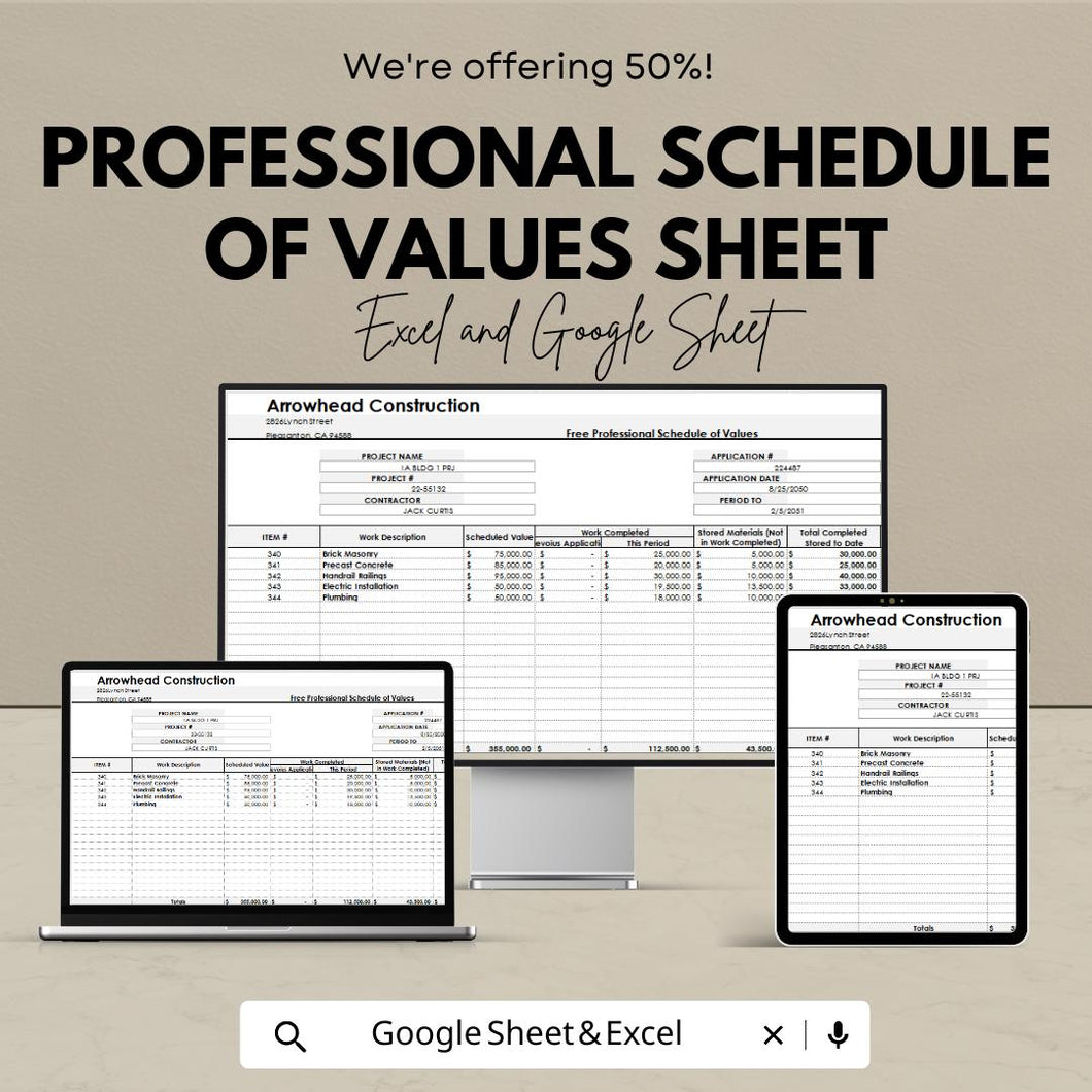 Professional Schedule of Values Sheet | Construction Payment Tracking Template | Google Sheets & Excel | Project Management Template |