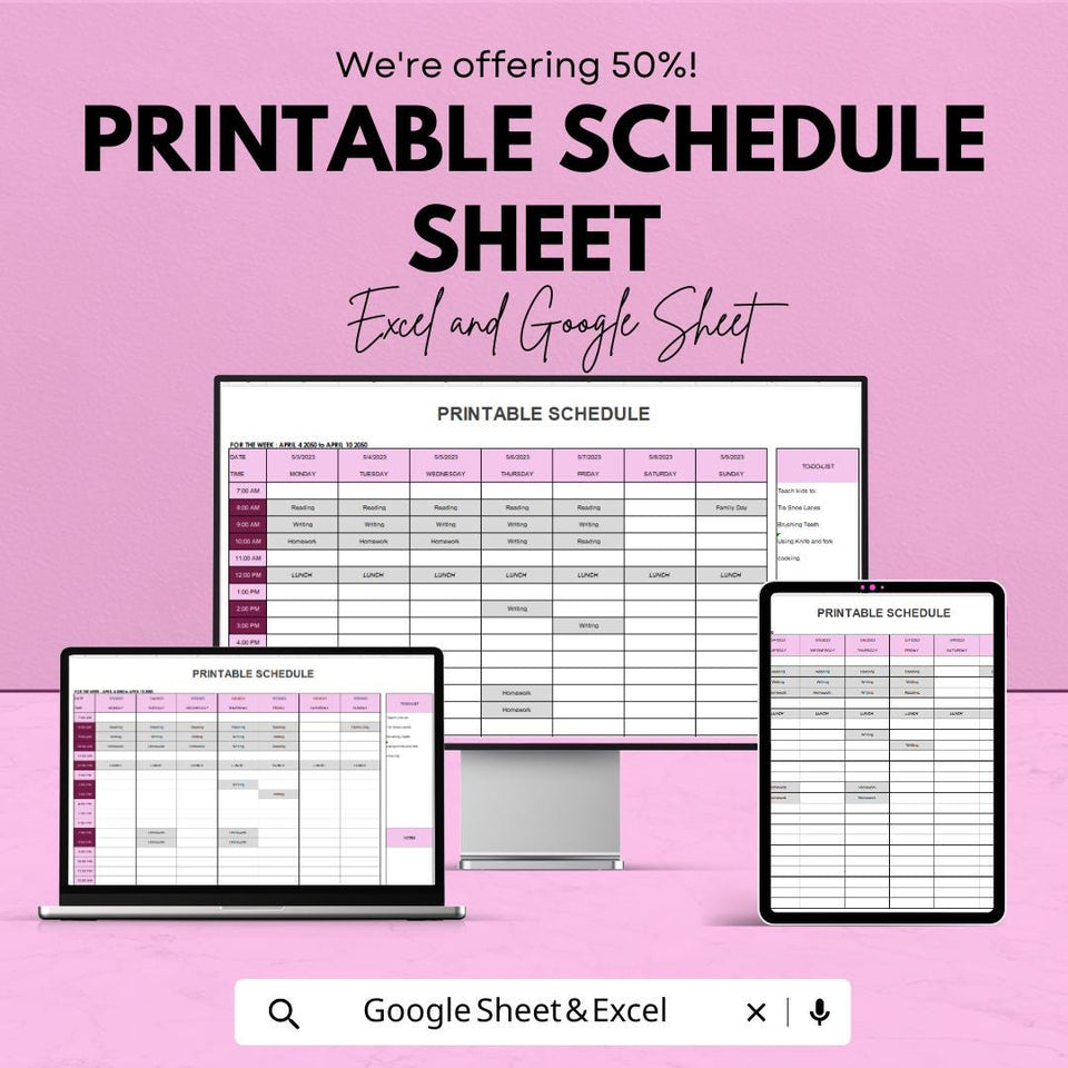 Printable Weekly Schedule Sheet – Customizable Daily Planner Template for Google Sheets & Excel – Time Management Tool – Downloadable