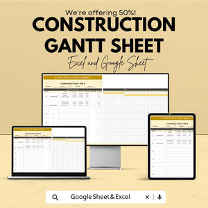 Construction Gantt Chart Sheet | Project Management Excel & Google Sheet | Task Scheduling, Timeline Visualization, Builder Schedule