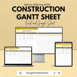Construction Gantt Chart Sheet | Project Management Excel & Google Sheet | Task Scheduling, Timeline Visualization, Builder Schedule