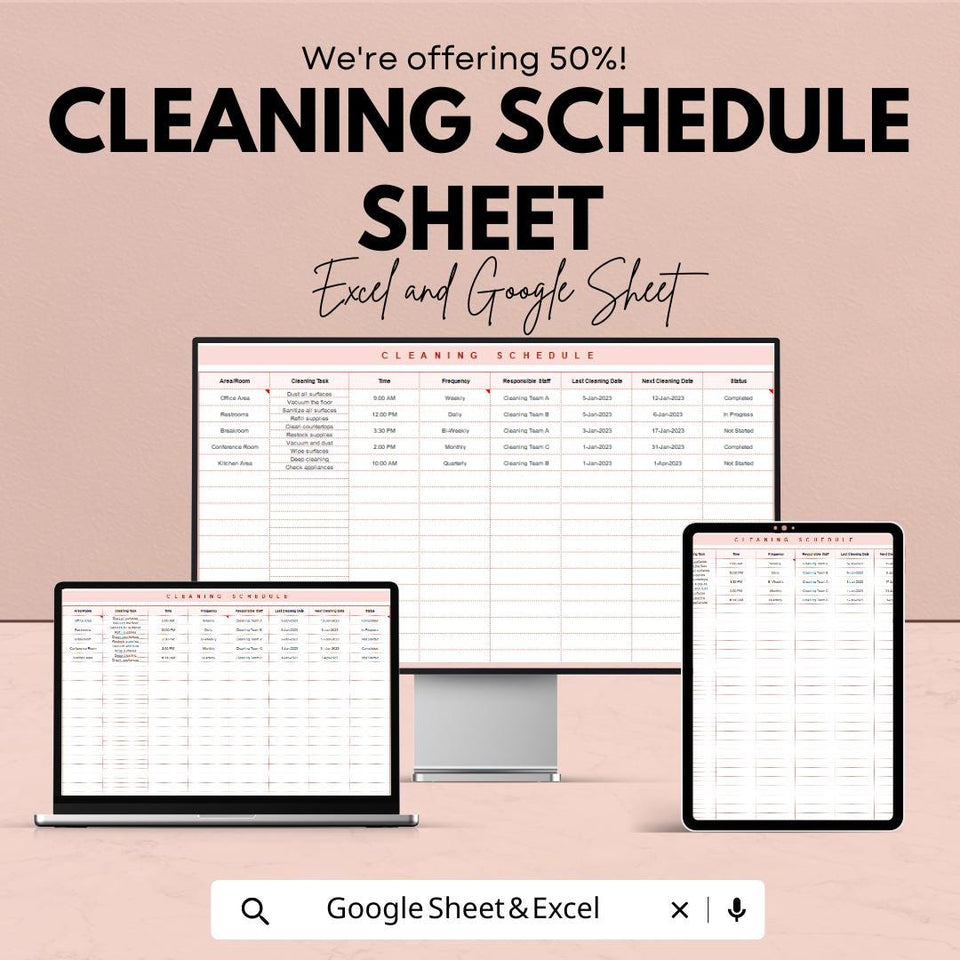 Cleaning Schedule Sheet - Excel and Google Sheets Template | Customizable Cleaning Task Planner | Easy Household & Office Schedule
