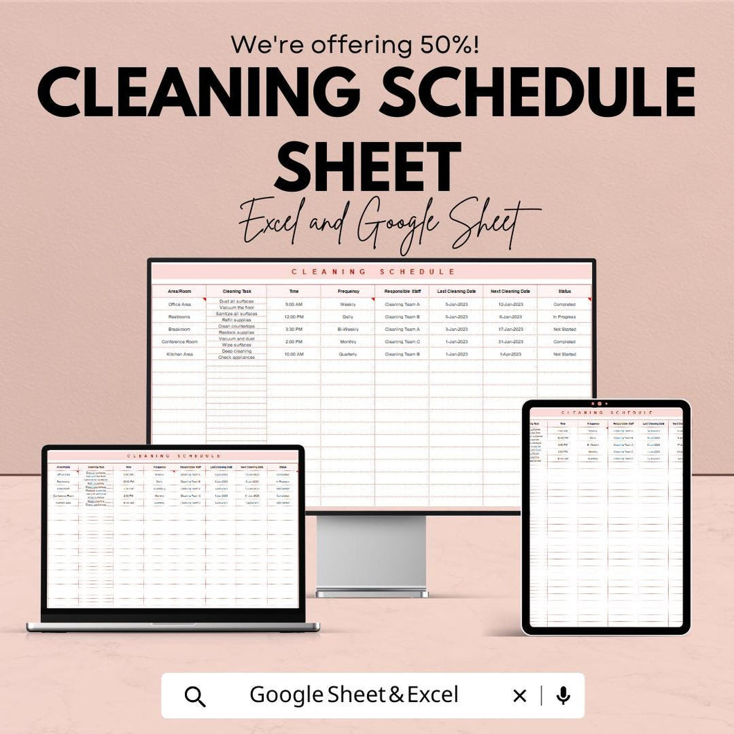 Cleaning Schedule Sheet - Excel and Google Sheets Template | Customizable Cleaning Task Planner | Easy Household & Office Schedule