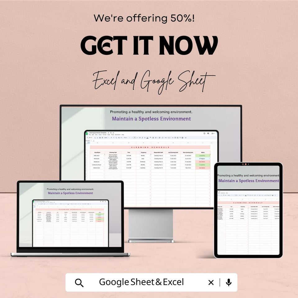 Cleaning Schedule Sheet - Excel and Google Sheets Template | Customizable Cleaning Task Planner | Easy Household & Office Schedule