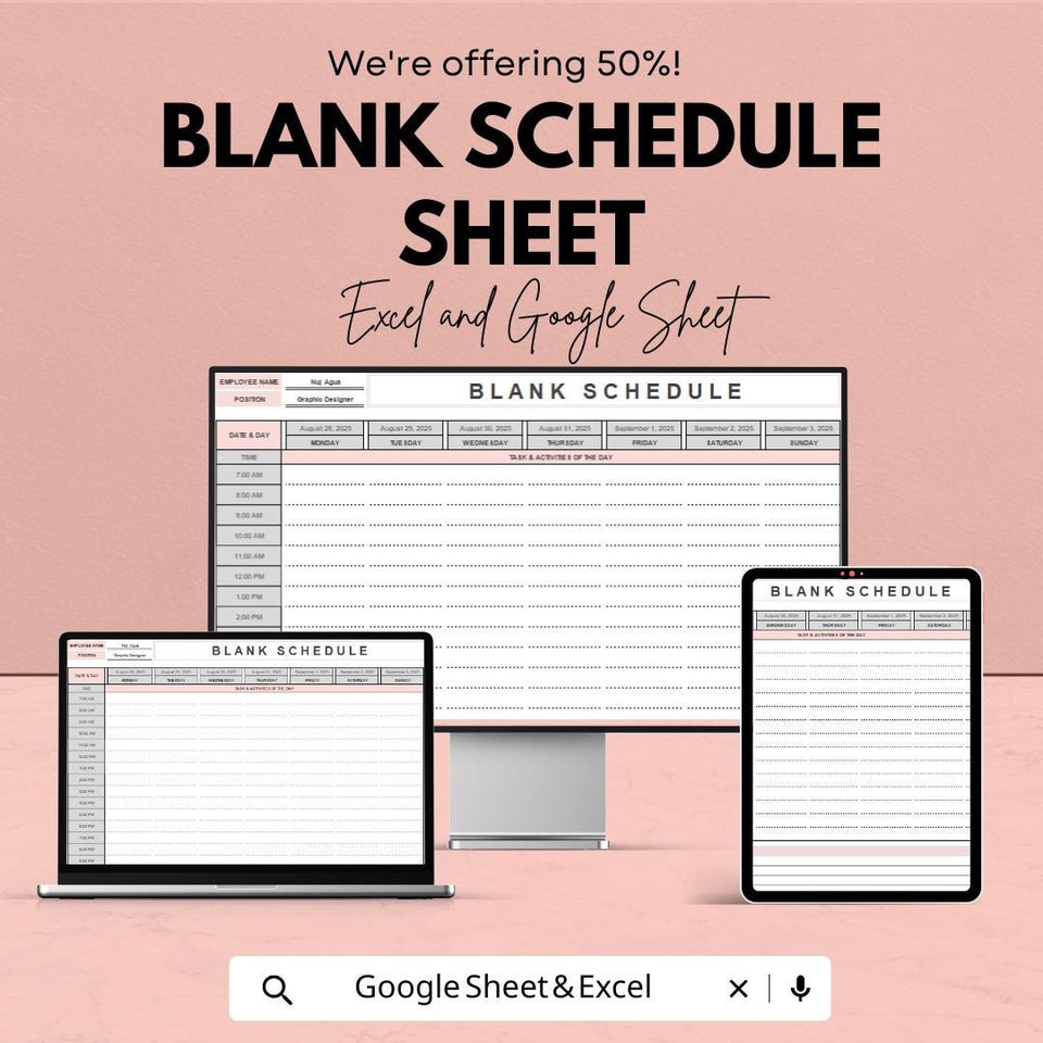 Blank Schedule Sheet - Customizable Weekly Planner - Excel & Google Sheet - Time Management Template - Printable Daily Schedule
