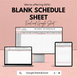 Blank Schedule Sheet - Customizable Weekly Planner - Excel & Google Sheet - Time Management Template - Printable Daily Schedule