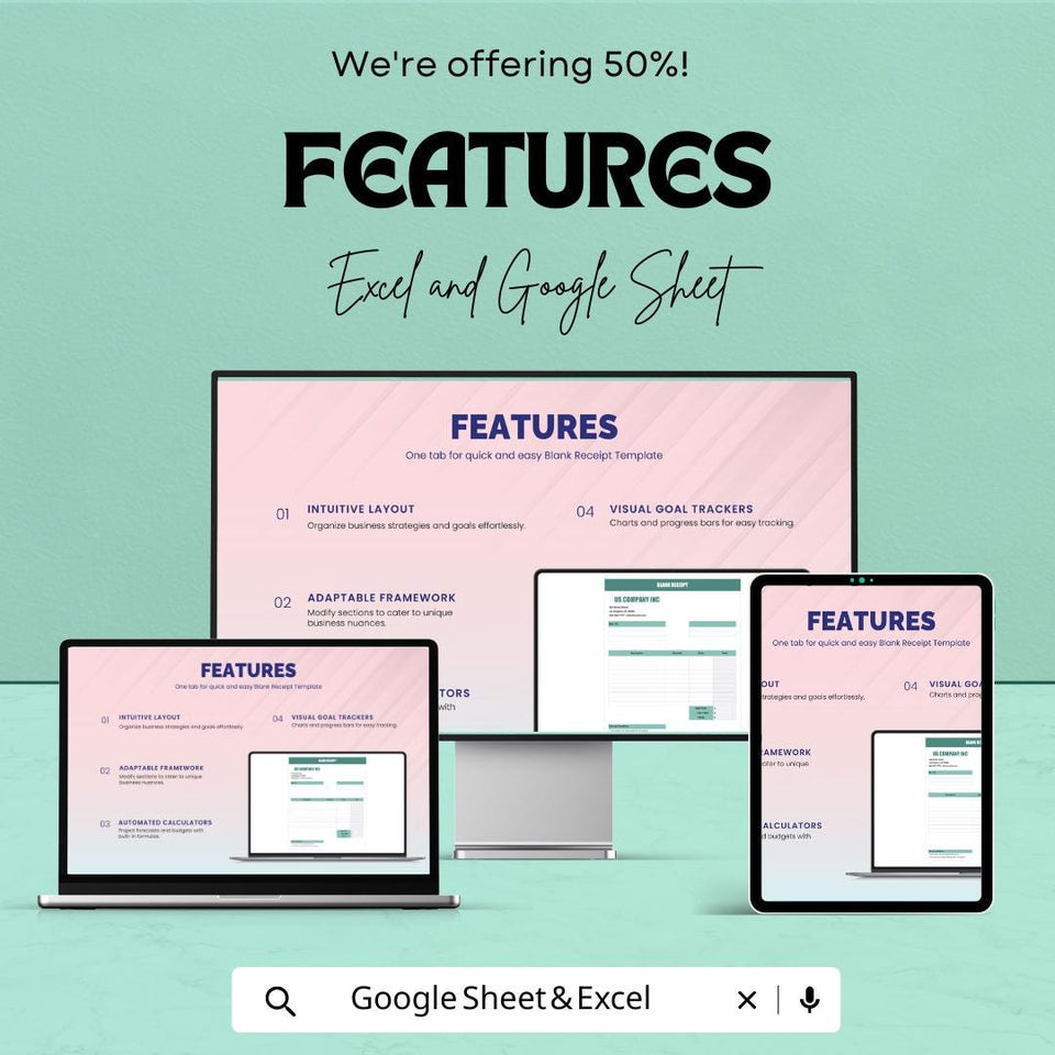 Blank Receipt Sheet for Excel & Google Sheets – Customizable Template | Digital Download – 50% OFF