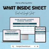 Blank Kitchen Cleaning Schedule Sheet | Task Management Template | Excel & Google Sheets | 50% Off