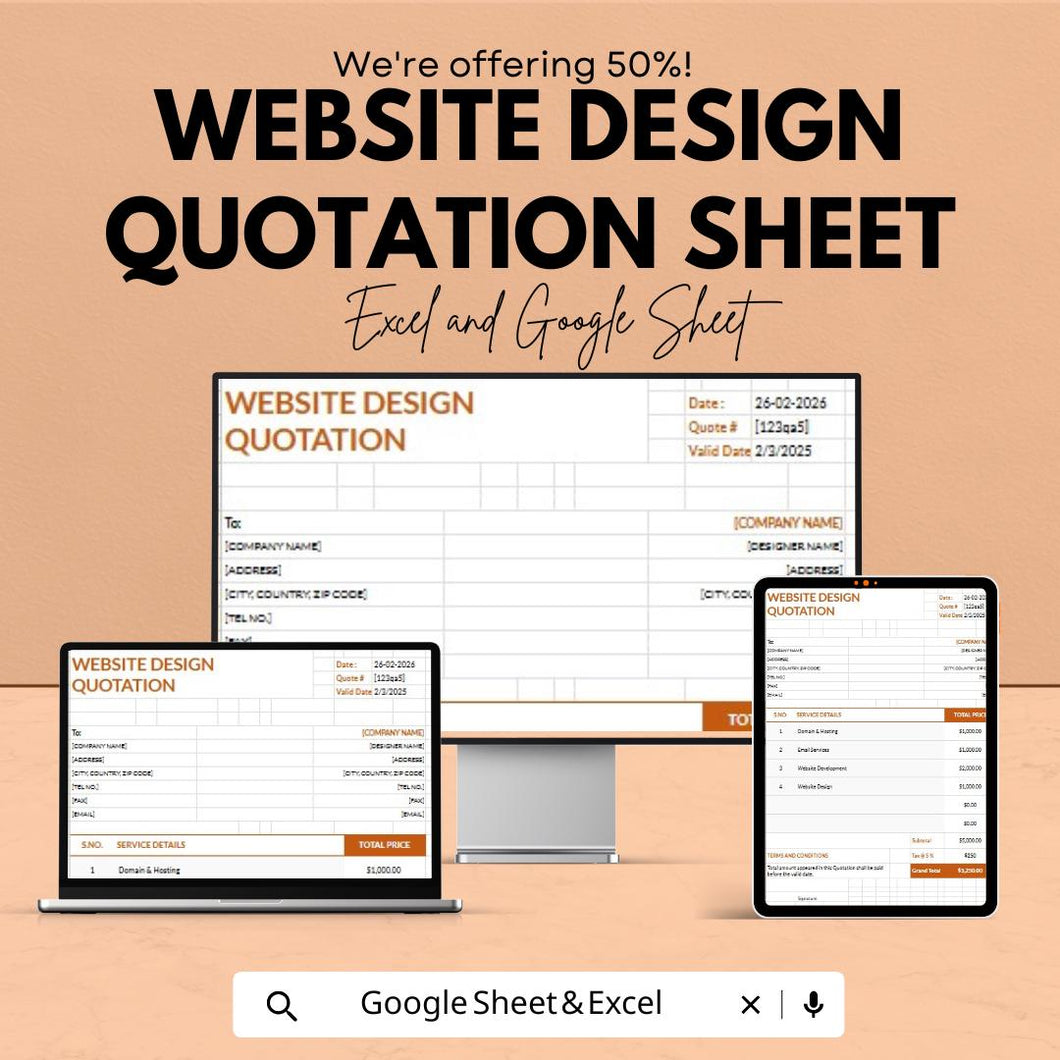 Website Design Quotation Sheet – Customizable Excel and Google Sheets Template for Pricing & Invoicing – 50% OFF