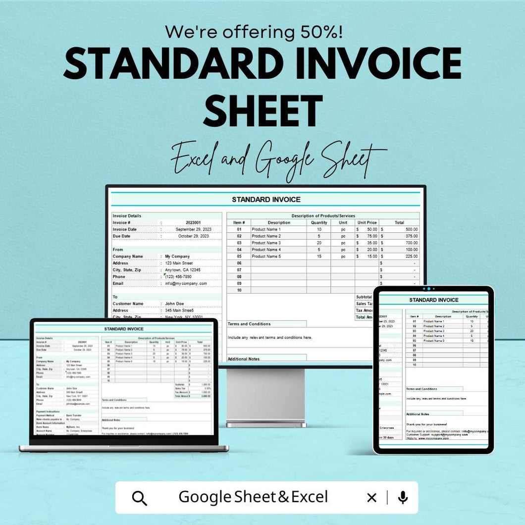 Standard Invoice Sheet - Excel & Google Sheets Template | Professional and Customizable Invoice Tracker | 50% Off