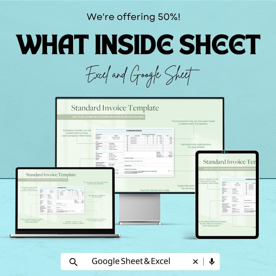 Standard Invoice Sheet - Excel & Google Sheets Template | Professional and Customizable Invoice Tracker | 50% Off