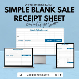 Simple Blank Sales Receipt Sheet - Excel & Google Sheets Template | Easily Track Sales and Payments | 50% Off