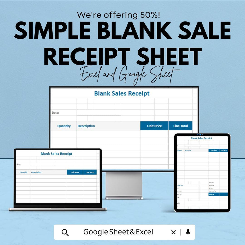 Simple Blank Sales Receipt Sheet - Excel & Google Sheets Template | Easily Track Sales and Payments | 50% Off