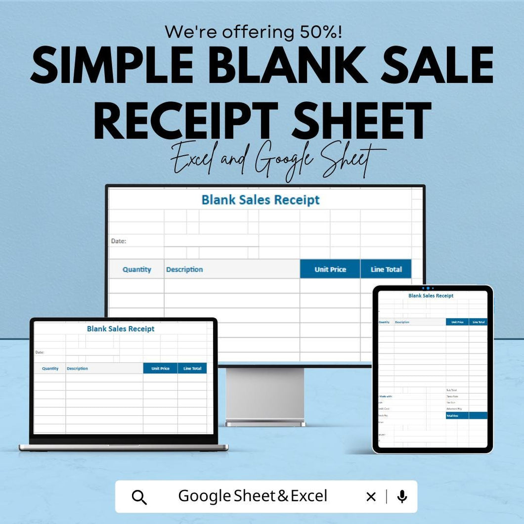 Simple Blank Sales Receipt Sheet - Excel & Google Sheets Template | Easily Track Sales and Payments | 50% Off