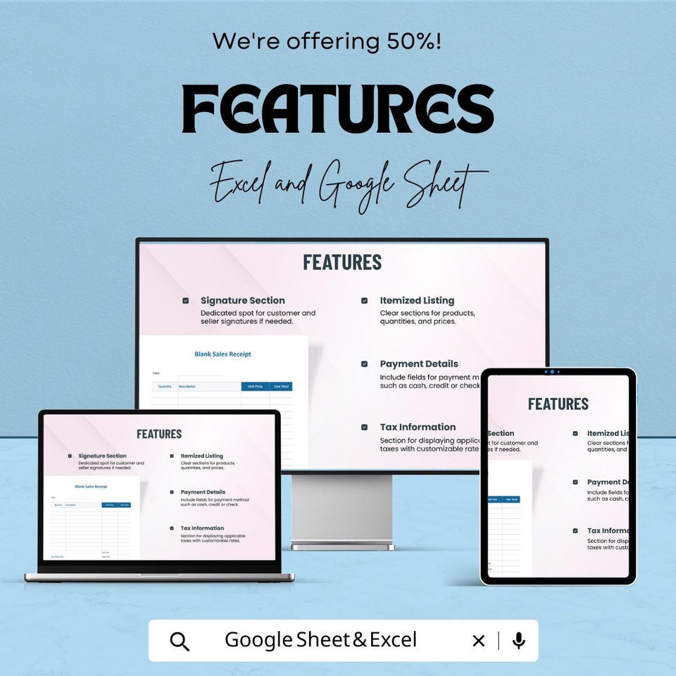 Simple Blank Sales Receipt Sheet - Excel & Google Sheets Template | Easily Track Sales and Payments | 50% Off