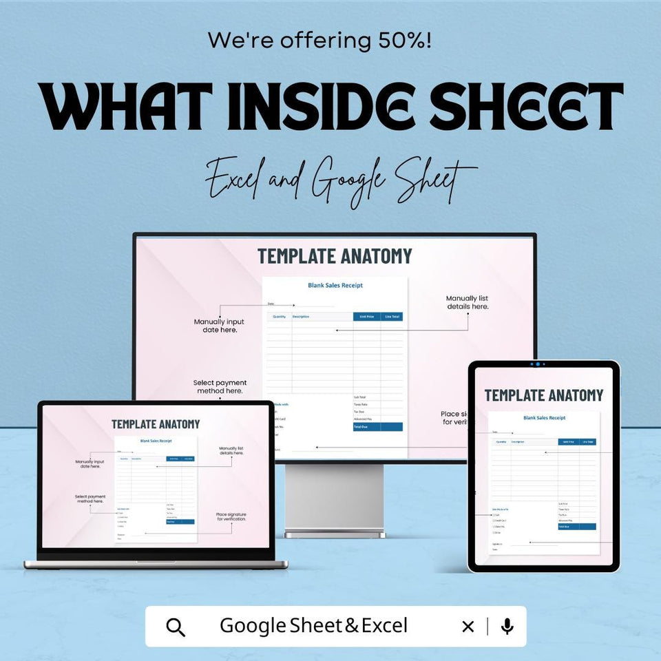Simple Blank Sales Receipt Sheet - Excel & Google Sheets Template | Easily Track Sales and Payments | 50% Off