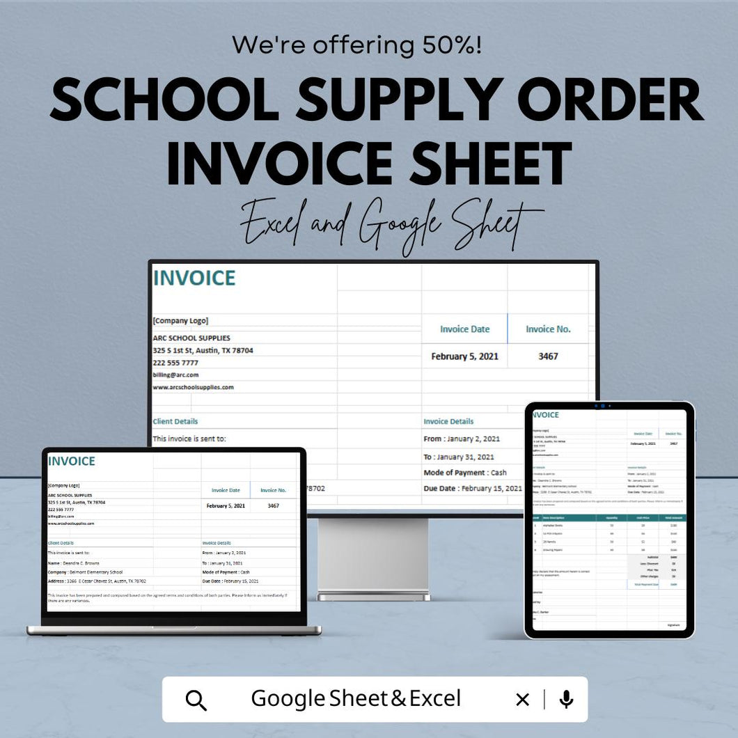 School Supply Order Invoice Sheet | Excel & Google Sheets Template | School Supplies Billing Tracker