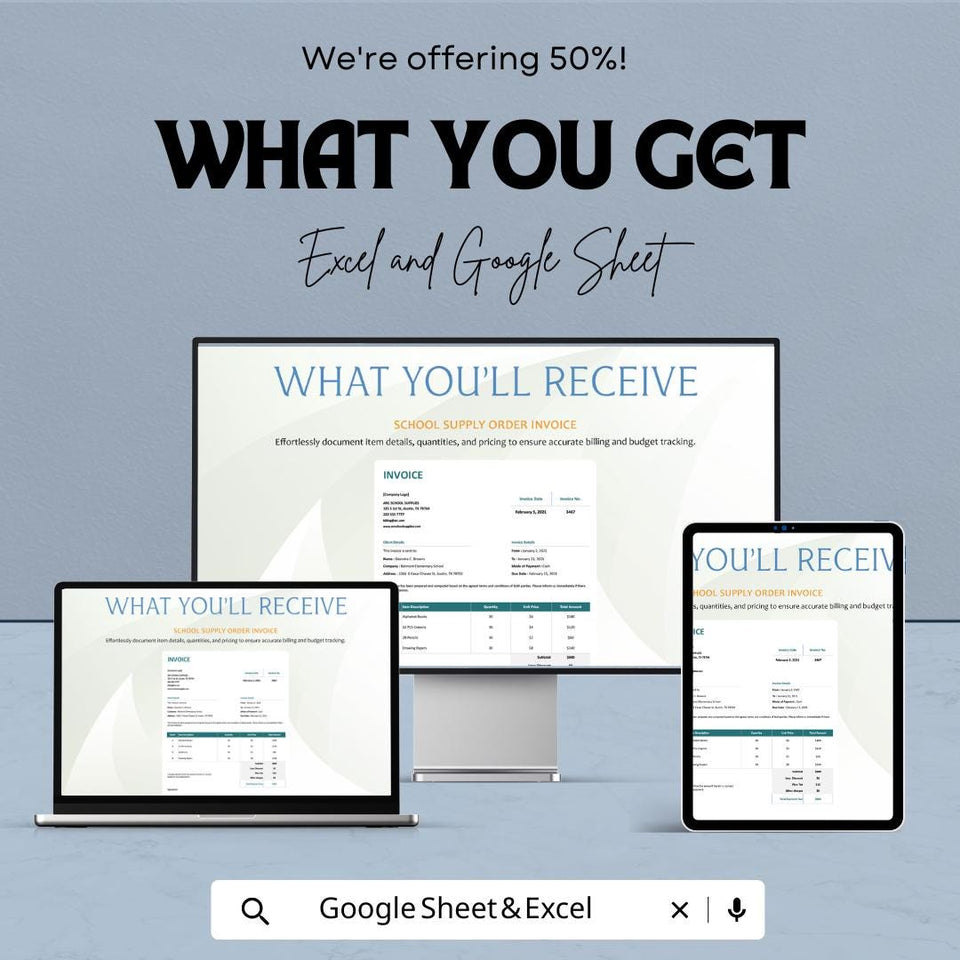 School Supply Order Invoice Sheet | Excel & Google Sheets Template | School Supplies Billing Tracker