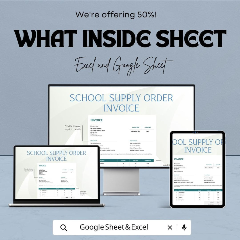 School Supply Order Invoice Sheet | Excel & Google Sheets Template | School Supplies Billing Tracker