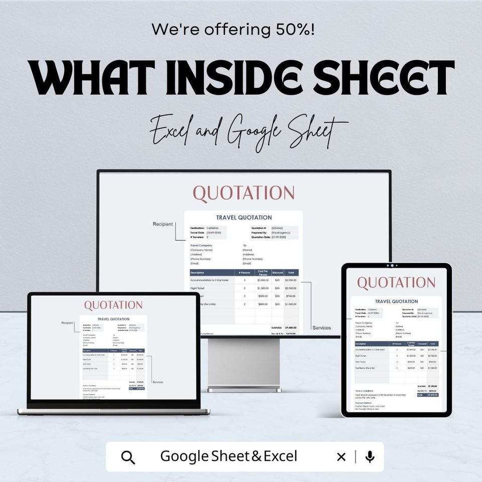 Sample Travel Quotation Sheet – Customizable Excel & Google Sheets Template for Travel Pricing and Booking – 50% OFF
