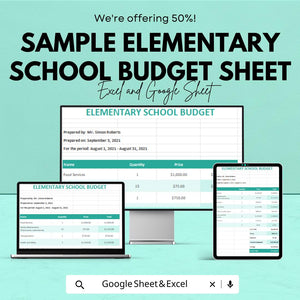 Sample Elementary School Budget Sheet - Excel and Google Sheets Template | Track School Expenses & Financials | 50% Off