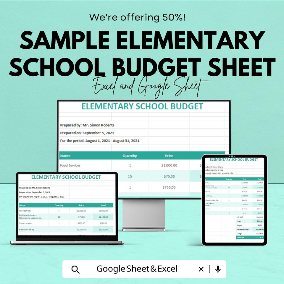 Sample Elementary School Budget Sheet - Excel and Google Sheets Template | Track School Expenses & Financials | 50% Off