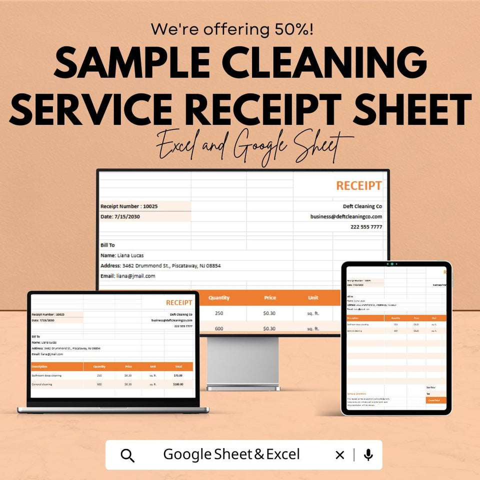 Sample Cleaning Service Receipt Sheet | Printable and Downloadable Template | Excel & Google Sheets | Customizable Invoice Template