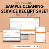 Sample Cleaning Service Receipt Sheet | Printable and Downloadable Template | Excel & Google Sheets | Customizable Invoice Template