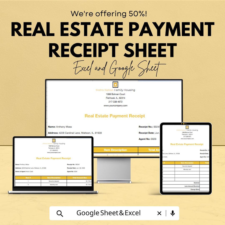 Real Estate Payment Receipt Sheet - Excel & Google Sheets Template | Track Payments and Transactions | 50% Off