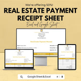 Real Estate Payment Receipt Sheet - Excel & Google Sheets Template | Track Payments and Transactions | 50% Off