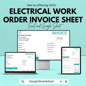 Electrical Work Order Invoice Sheet | Excel & Google Sheets Template | Customizable Invoice for Electrical Services