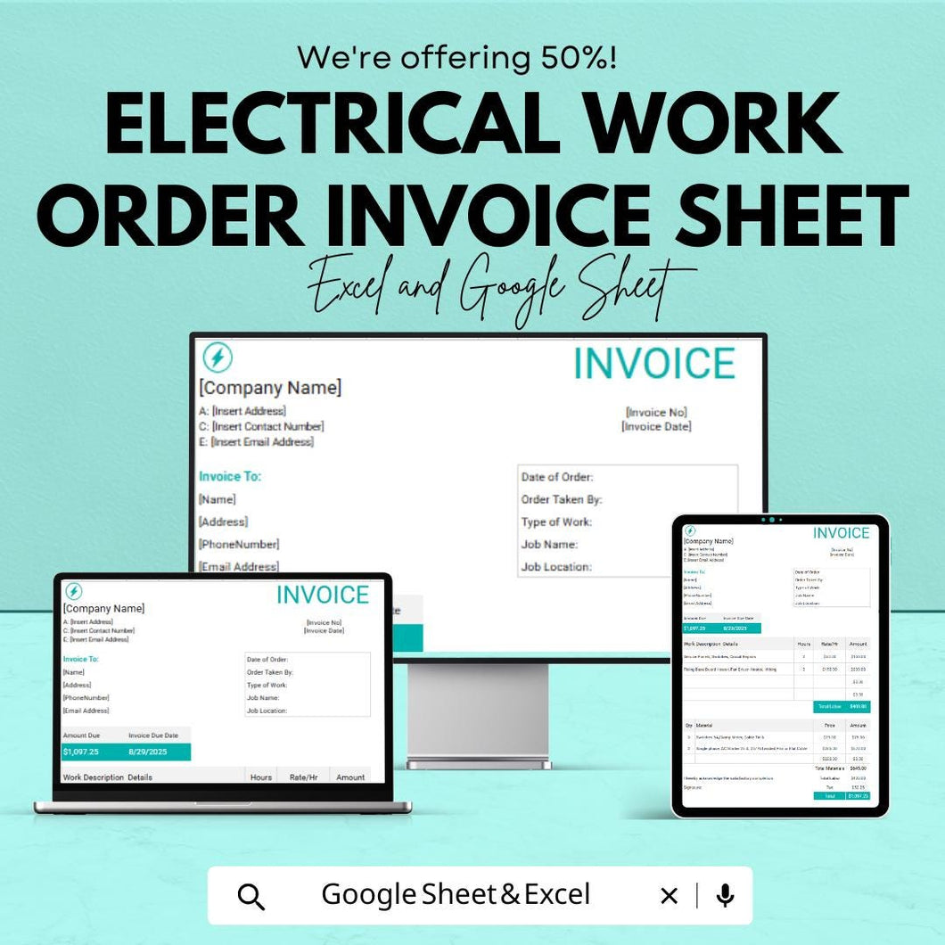 Electrical Work Order Invoice Sheet | Excel & Google Sheets Template | Customizable Invoice for Electrical Services