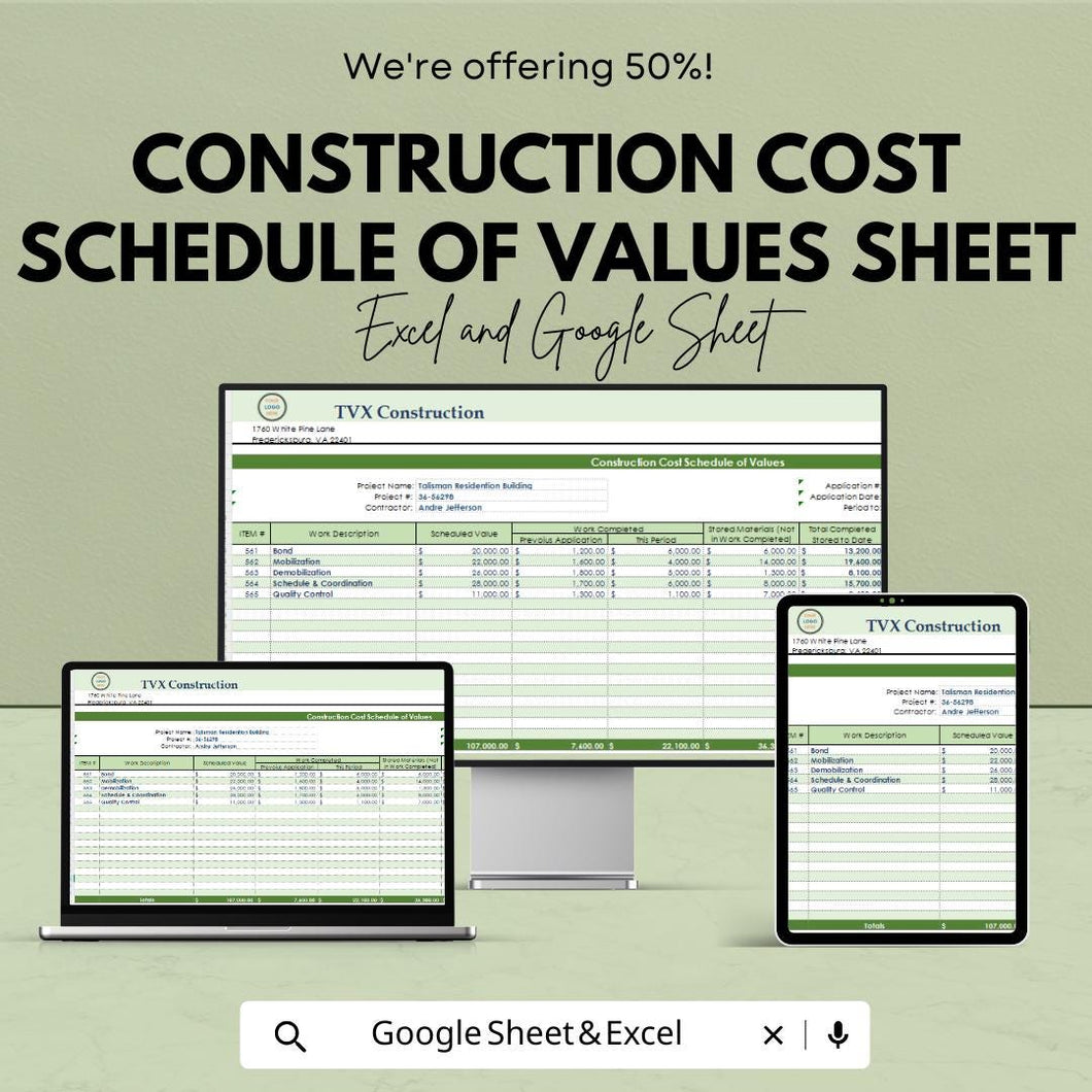 Construction Cost Schedule of Values Sheet | Excel & Google Sheets Template | Construction Project Cost Management Tracker