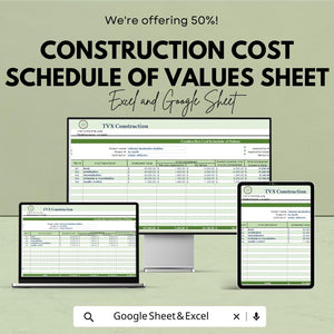 Construction Cost Schedule of Values Sheet | Excel & Google Sheets Template | Construction Project Cost Management Tracker