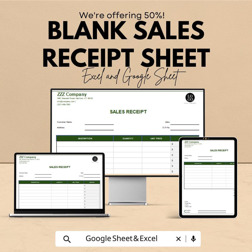 Blank Sales Receipt Sheet - Excel & Google Sheets Template | Easy-to-Use Invoice and Payment Tracker | 50% Off