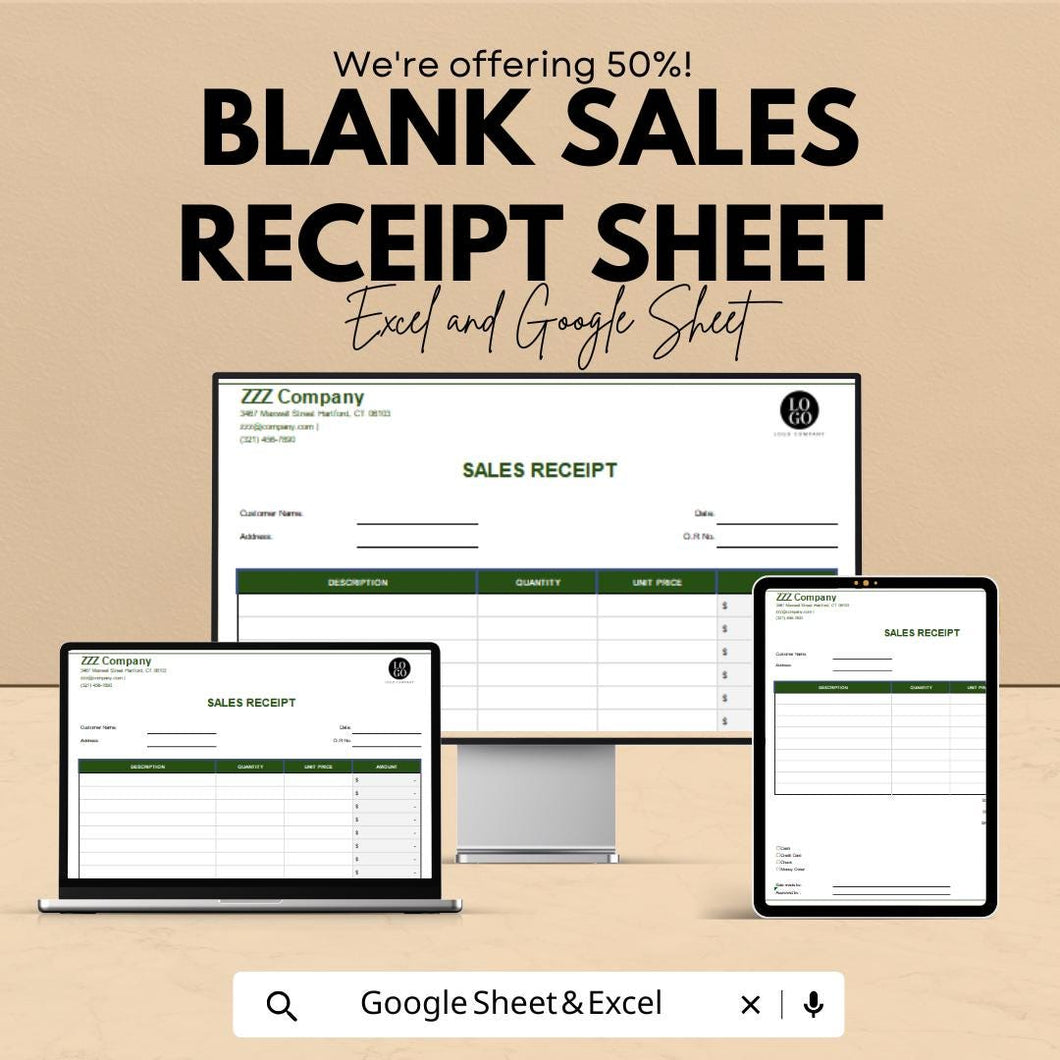 Blank Sales Receipt Sheet - Excel & Google Sheets Template | Easy-to-Use Invoice and Payment Tracker | 50% Off