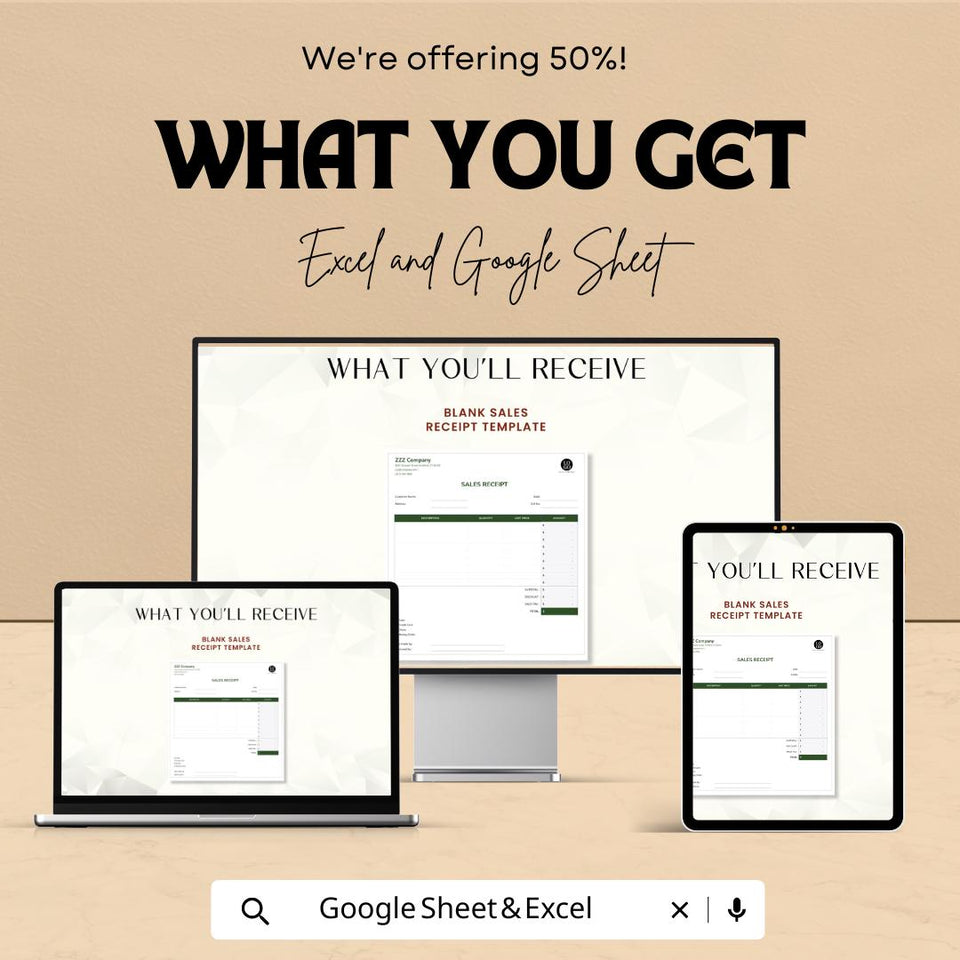 Blank Sales Receipt Sheet - Excel & Google Sheets Template | Easy-to-Use Invoice and Payment Tracker | 50% Off