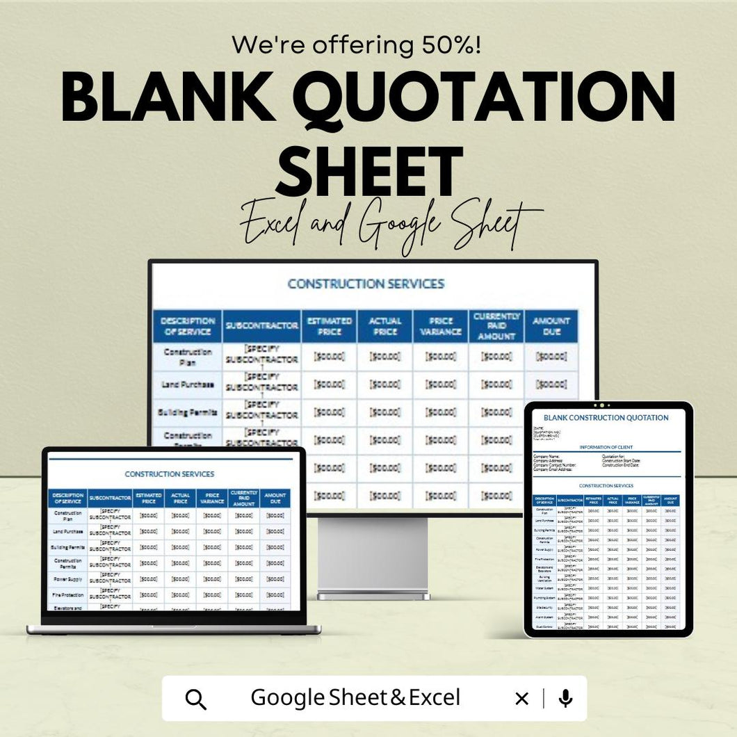 Blank Quotation Sheet – Customizable Excel and Google Sheets Template for Pricing, Invoicing & Estimates – 50% OFF