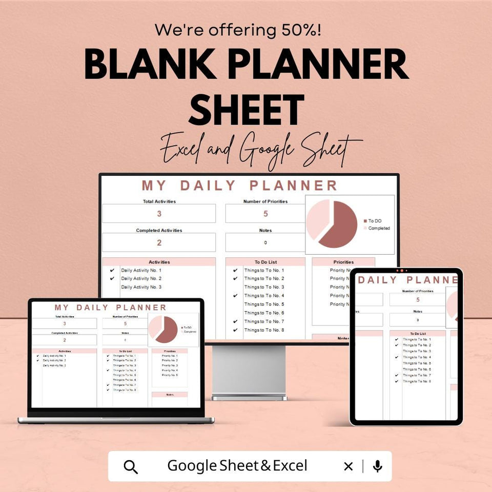 Blank Planner Sheet | Daily Planner Template | Excel and Google Sheets | Customizable Planner for Organization & Productivity